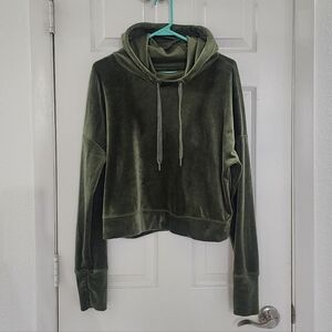 OFFLINE by Aerie Velour Cropped Hoodie Green Size Small Thumbholes